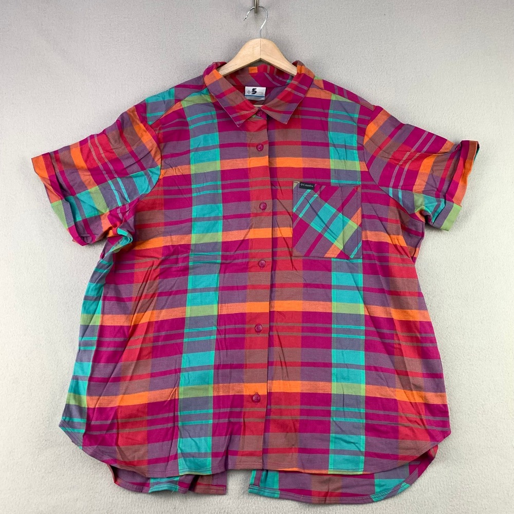 Columbia Anytime II Shirt Womens 1X Madras Plaid Stretch Short Sleeve Button Up